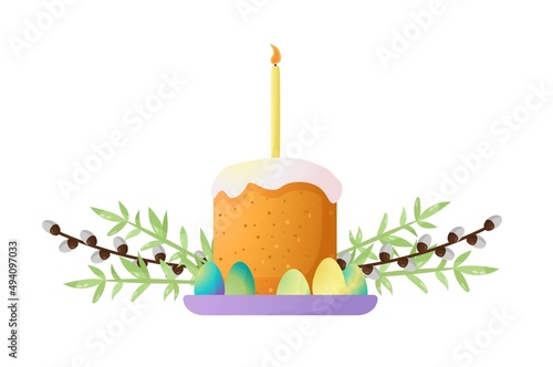 Vector illustration with a cake and eggs. Spring decor. The concept of celebrating happy Easter. Simple cartoon style for logos, banners, posters, backgrounds, stickers, printing.