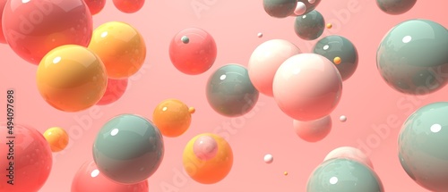 Scattered floating colored spheres on a vibrant background - 3D render