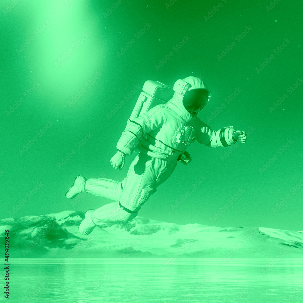 Fototapeta premium astronaut in another planet is floating in the air on the ice lake in square view