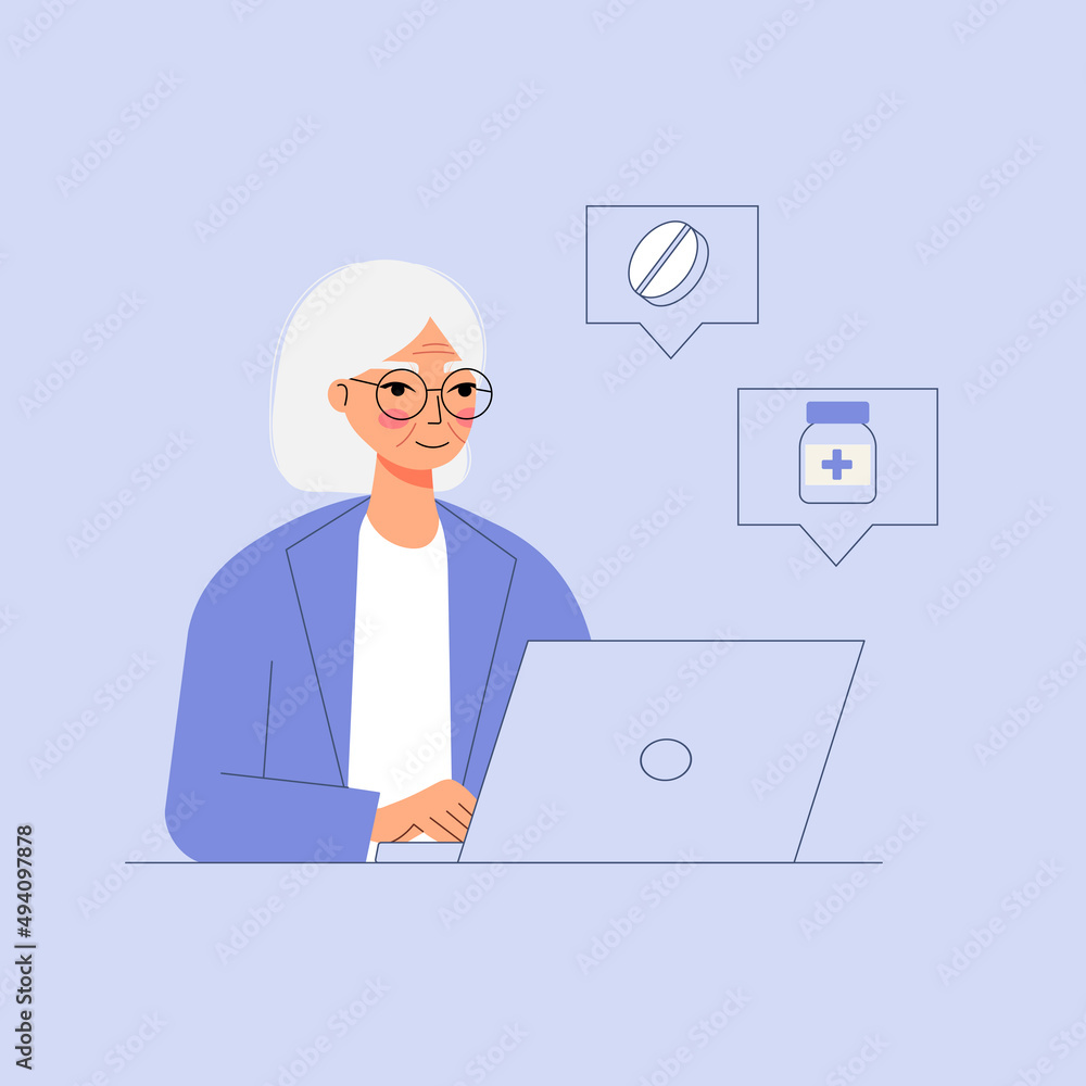 Senior woman orders medicaments in online store. Online pharmacy flat vector Illustration. Senior woman orders medicaments in online store. Online pharmacy flat vector Illustration.