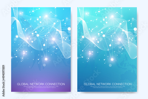 Futuristic tech cover design for brochures, flyers, booklets, placards, book. Contemporary science and digital technology concept. Blue background with connecting lines and dots, vector template