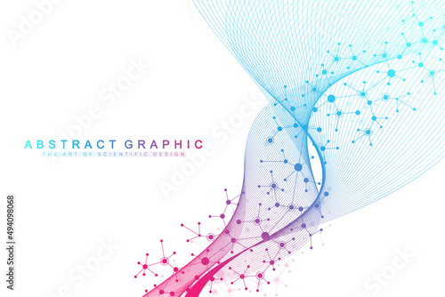 Scientific vector illustration genetic engineering, DNA helix, DNA strand, molecule or atom, neurons. Genomic sequences visualization. Abstract structure for Science or medical background.