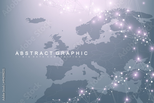 Global network connection concept in the Europe. Europe social network communication in the global business. Big data visualization. Internet technology. Vector illustration