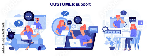 Customer service isolated set in flat design. Collection of scenes. People advice and support, operator call center. Vector illustration for blogging, website, mobile app, promotional materials.
