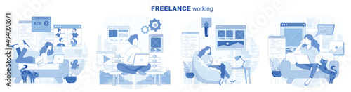 Freelance working isolated set in flat design. People dong remote work on laptops from home office, collection of scenes. Vector illustration for blogging, website, mobile app, promotional materials.
