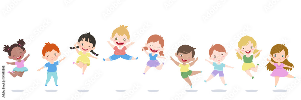 Happy cute kids jump on a ground. Boy and girl children in a world vector illustration set.