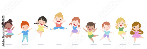 Happy cute kids jump on a ground. Boy and girl children in a world vector illustration set.