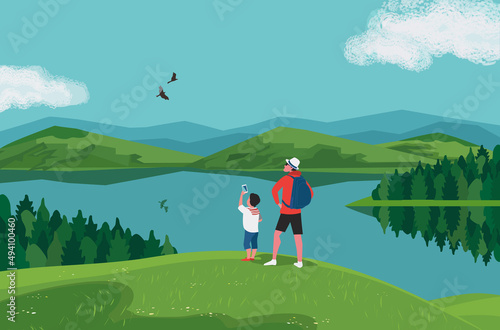 Dad, Son Hiking Together in Mountains Vector. Fathers day concept. Father, kid boy enjoy top of mountain scenic view landscape background. Family tourist trip summer outdoor adventure illustration