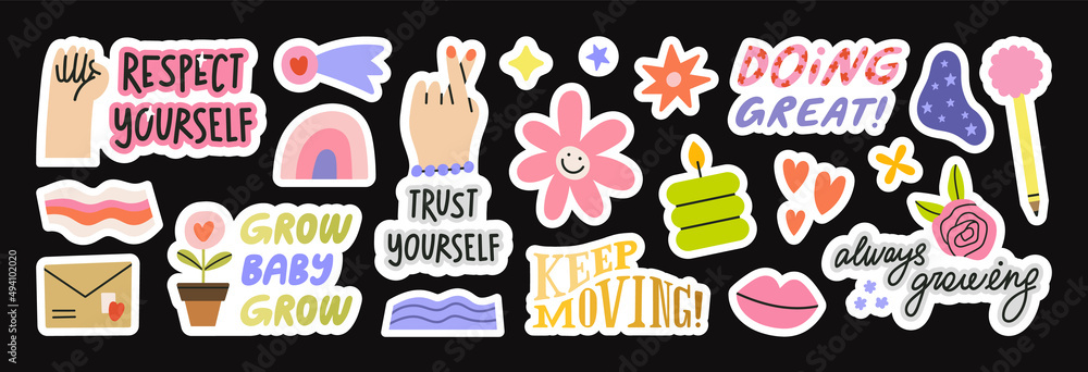 Big set with motivational stickers. Cute details for your design, phrases and quotes about motivation, support, self development and goals. Perfect for social media, web, typographic, package design