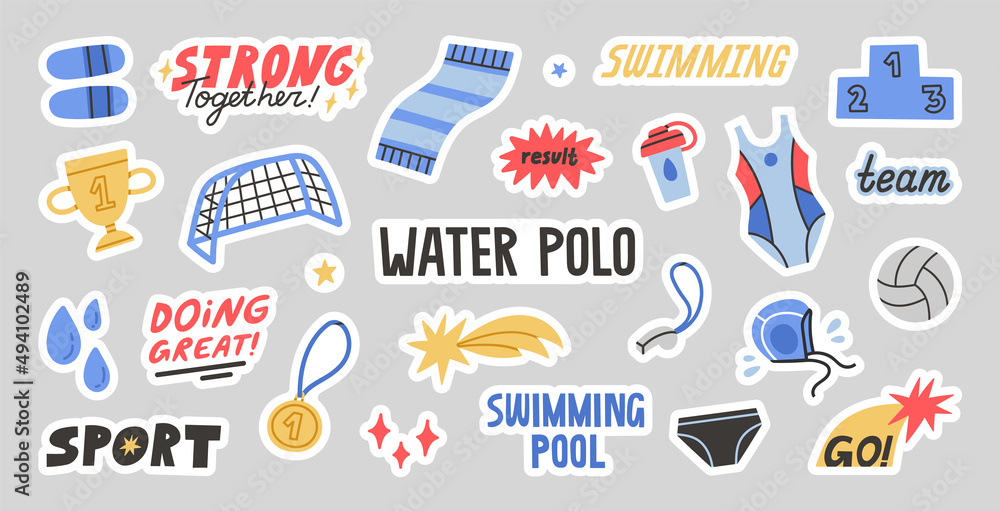 Big set of stickers with water polo equipment and motivational quotes. Vector illustration with water sport and swimming pool  attributes. Colorful hand drawn design concept.  