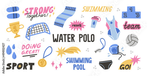 Big set of stickers with water polo equipment and motivational quotes. Vector illustration with water sport and swimming pool  attributes. Colorful hand drawn design concept.