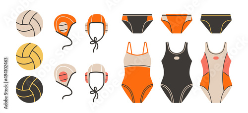 Equipment for water polo in different colors. Isolated flat vector illustration with. Set with swimsuits, swimming trunks, caps and balls for swimmers. Swimming pool and water sports concept.