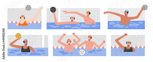 Big set with vector illustrations of water polo players in action. Young swimmers. Game process, victory moments in swimming pool. Water polo, swimming and water sports concept. Vector illustration.