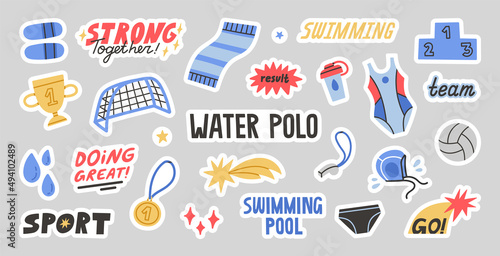 Big set of stickers with water polo equipment and motivational quotes. Vector illustration with water sport and swimming pool  attributes. Colorful hand drawn design concept.  