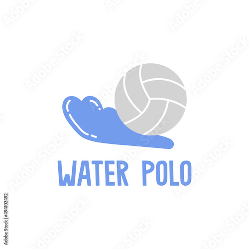 Water polo hand drawn lettering. Vector illustration with water polo ball. Can be used as logo, team emblem, in typographic and web design. Water sports and swimming pool concept.