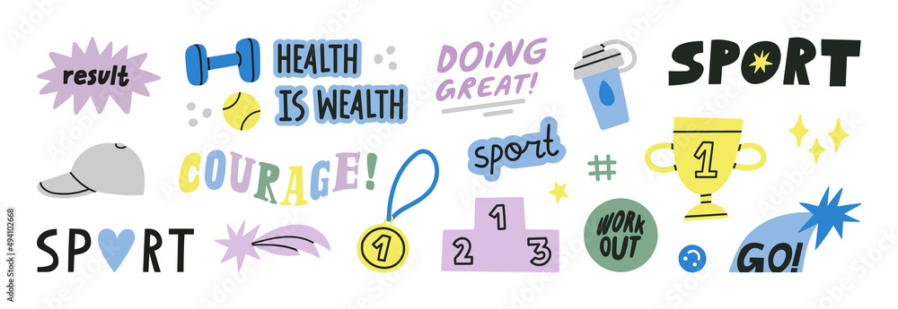 Big set with motivational sport stickers. Cute details for your design, phrases and quotes about training, motivation, self support and development. Perfect for social media, web, typographic design.