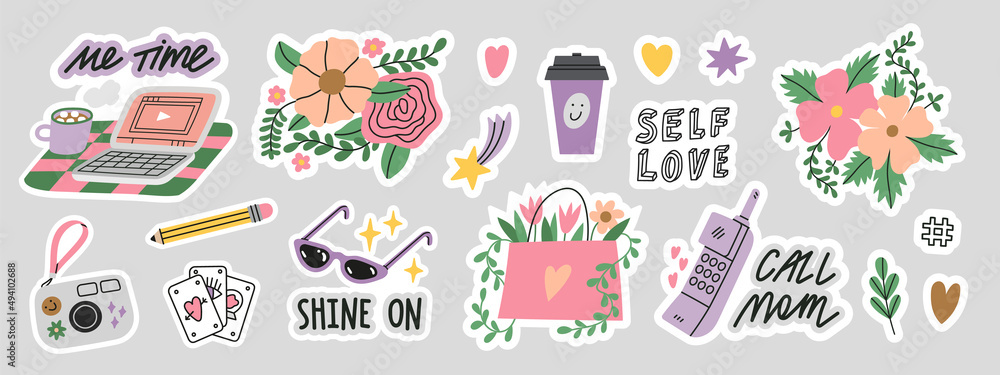 Self love stickers set with floral motifs. Include illustrations of simple everyday things like laptop, photo camera, coffee, phone calls etc. This cute vector pack is full of everyday magic. Self love stickers set with floral motifs. Include illustrations of simple everyday things like laptop, photo camera, coffee, phone calls etc. This cute vector pack is full of everyday magic.