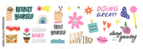 Big set with motivational stickers. Cute details for your design, phrases and quotes about motivation, support, self development and goals. Perfect for social media, web, typographic, package design