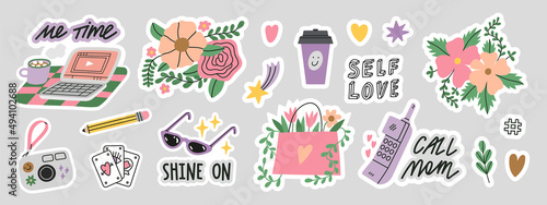 Self love stickers set with floral motifs. Include illustrations of simple everyday things like laptop, photo camera, coffee, phone calls etc. This cute vector pack is full of everyday magic.