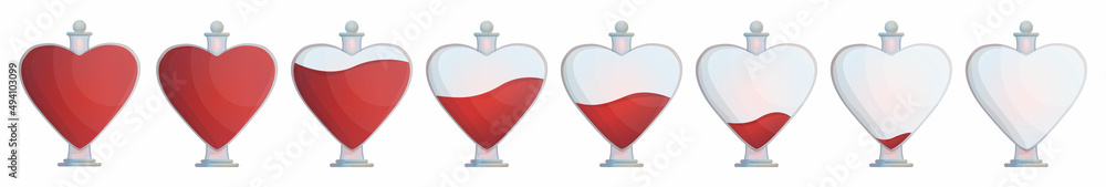 Obraz premium Vector set with vessels, vases in form of hearts with different fullness of liquid. Scale progress indicator.