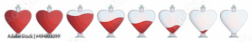 Vector set with vessels, vases in form of hearts with different fullness of liquid. Scale progress indicator.