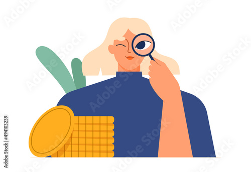 Woman looking at money with a magnifying glass, searching for profit. Financial analysis, investigation or research. Earnings, savings, economy concept. Isolated flat vector illustration