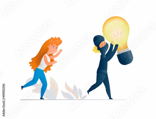 Vector isolated illustration scene of fleeing thief with light bulb and woman author who catches up with him. Concept plagiarism, theft of ideas, copyright.