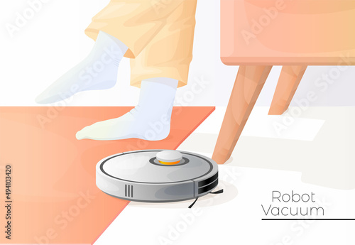 Vector illustration with a wireless, modern round robot vacuum cleaner in process of cleaning floor, carpet. Legs are depicted. Concept of modern technologies in household chores.