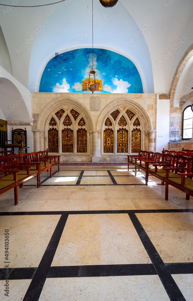 An inside view of the central and ancient synagogue, named after Rabbi Yochanan ben Zakkai. In the Jewish Quarter of Jerusalem