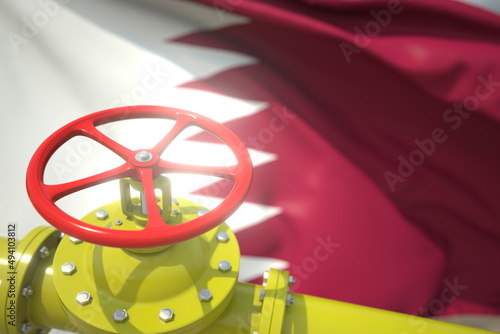 Gas or oil pipe valve and flag of Qatar. Conceptual 3d rendering