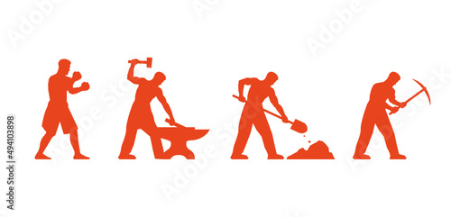 Working man silhouette for international labor day. Man boxing, digging. Miner, blacksmith illustration. Hard-working