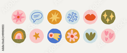 Cute icons set. Hand drawn stickers collection. Kawaii style.
Can be used in typographic, web and social media design.
Trendy vector illustrations. Cartoon style. Flat design.