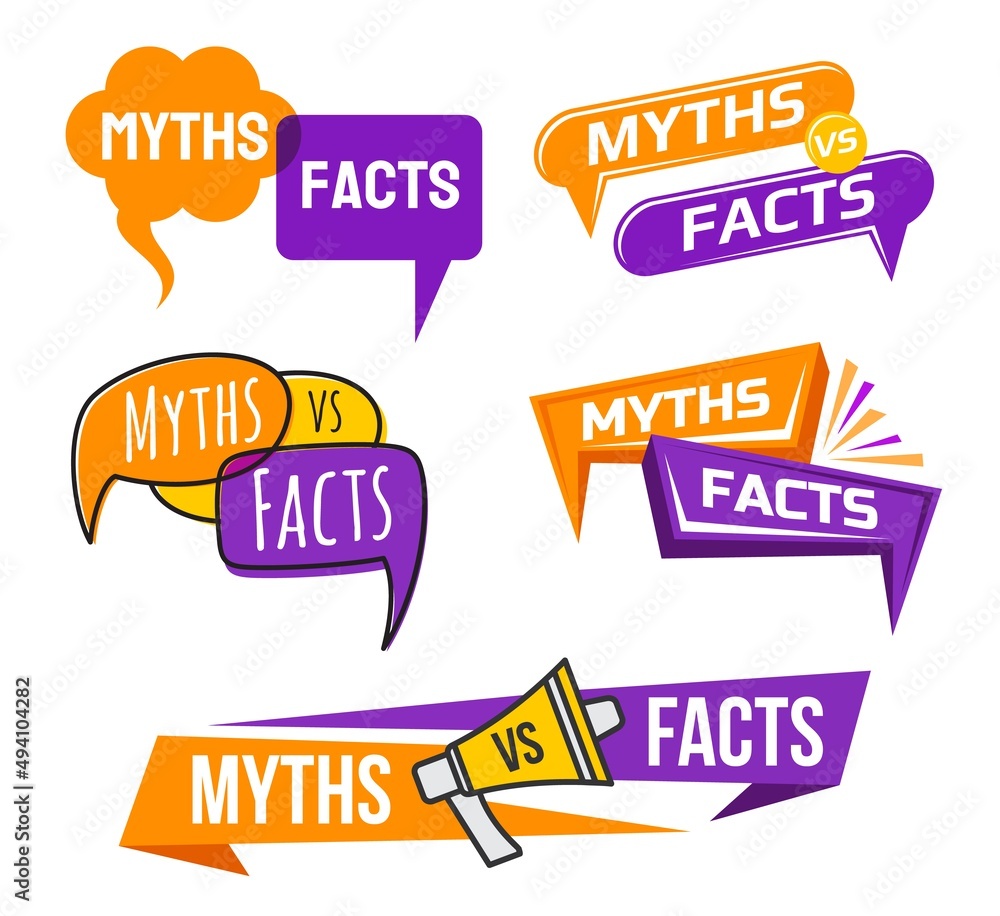 Obraz premium Myths vs facts icons. Truth and false badges. Fact checking, lie and propaganda proofing popup bubble or message box, fake news, social media rumors comparing with true information vector clouds