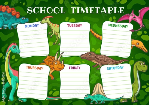 School timetable schedule with cartoon dinosaurs. Vector kids time table for lesson with funny dino characters in jungle. Weekly planner frame template, organizer border for student education classes