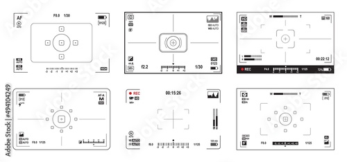 Viewfinder screen. Video and photo camera display frames. Camcorder or photography digital camera, DSLR focusing points screens, parameters adjustments or exposure settings scales vector overlays