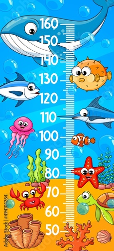 Kids height chart cartoon funny underwater animals and fish. Vector ruler sticker of children growth measure meter on blue sea background. Kids stadiometer height chart with crab, whale and sea turtle
