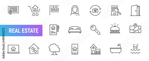 Real estate house line icon set. Property building commercial mortgage. Vector house sale rent loan realtor sign