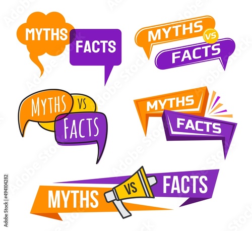 Myths vs facts icons. Truth and false badges. Fact checking, lie and propaganda proofing popup bubble or message box, fake news, social media rumors comparing with true information vector clouds