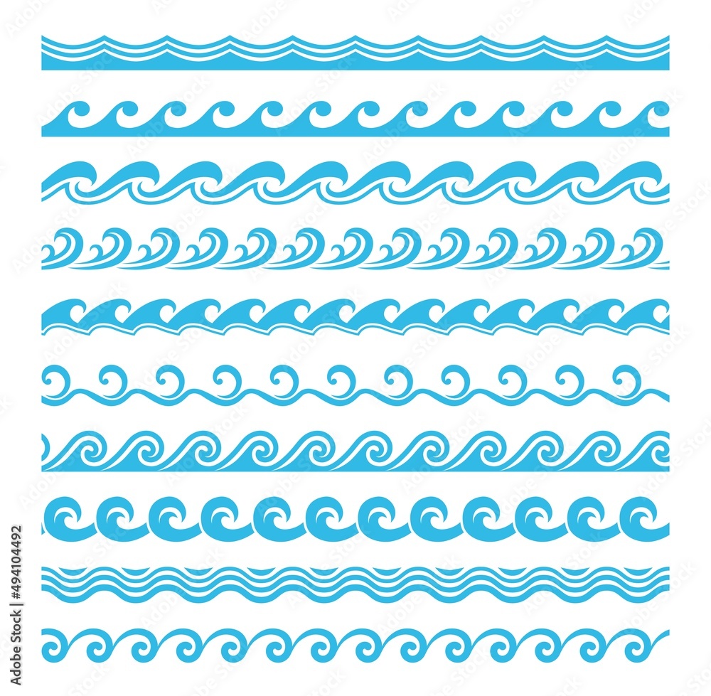 Sea and ocean wave line patterns. Water wavy splashes minimalist vector ornaments. Nautical borders, aqua dividers or decorative separators with simple blue wave swirls ornaments