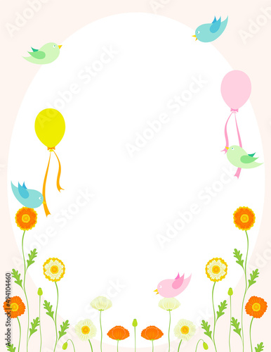 ポピーの花と風船をくわえた小鳥と、コピースペースの背景イラスト