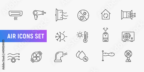 Air heat condition cool line icon. Cold dry water fan pictogram. Air wind thermostat conditioner icon set