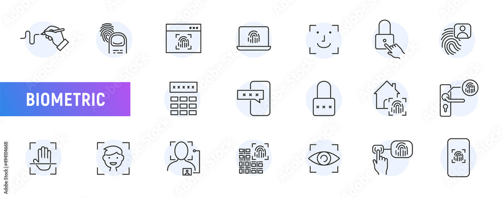 Biometric login line icon, Fingerprint password mail voice identity. Biometric detect eye face scan signature