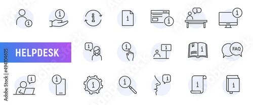 Reception desk secretary help line icon information. Office pc person people info desk icon set