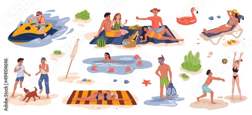 Peoples on summer beach vacation. Flat style vector characters of tourists on shore, man and woman sunbathing, playing volleyball and having picnic on beach, swimming, diving and ridding jet ski