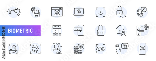 Biometric login line icon, Fingerprint password mail voice identity. Biometric detect eye face scan signature