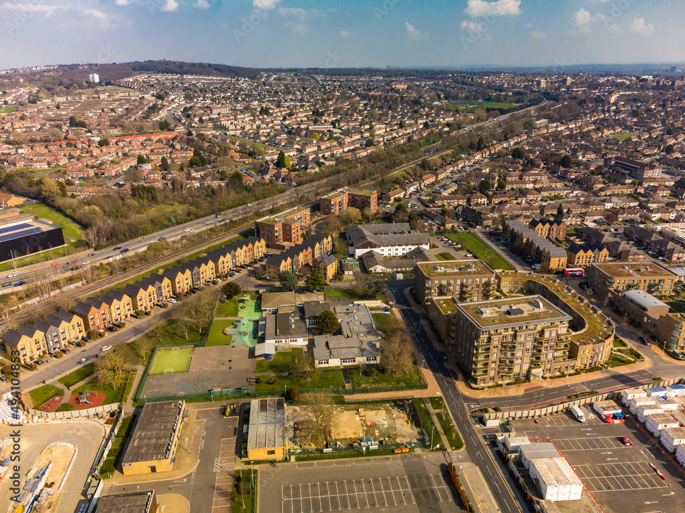 Aerial drone panoramic image of Kidbrooke Village, London