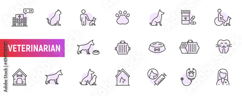 Pet veterinarian vector line icon set. Dog cat veterinary doctor clinic animal health syringe puppy medicine symbol