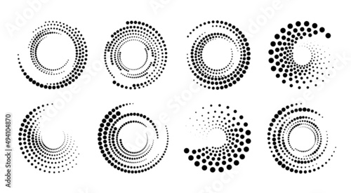 Halftone circle pattern. Borders and frames with dots, graphic design elements, raster effects or abstract vector backgrounds. Futuristic spiral backdrop or geometric decoration with half tone rings