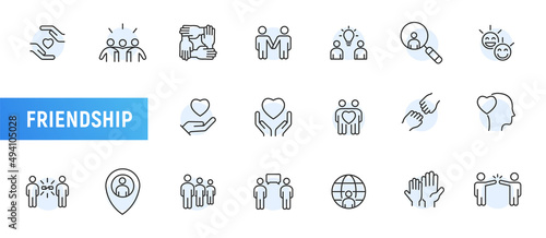 Friendship hand support line icon. Heart community relationship vector partnership social people together concept