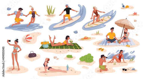Peoples on summer beach vacation. Flat style characters of young man and woman surfing on waves, jumping in water and shooting photos on beach. Girl drinking cocktail, doing yoga on tropical resort